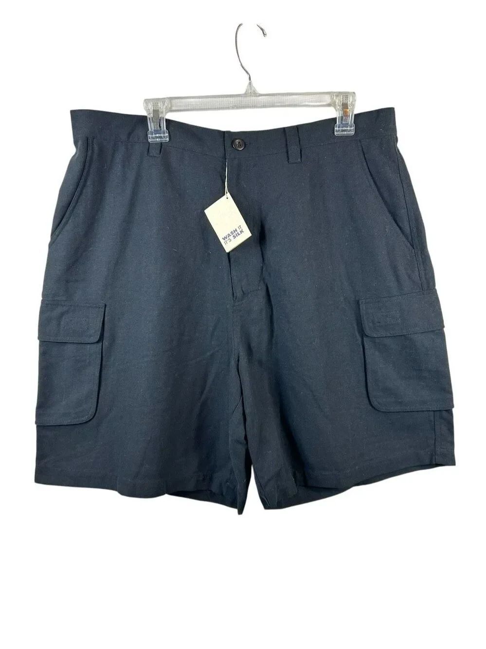 Summa Mens 100% Silk Cargo Shorts Black Sz 38 NWT Washable Utility Quiet Luxury
